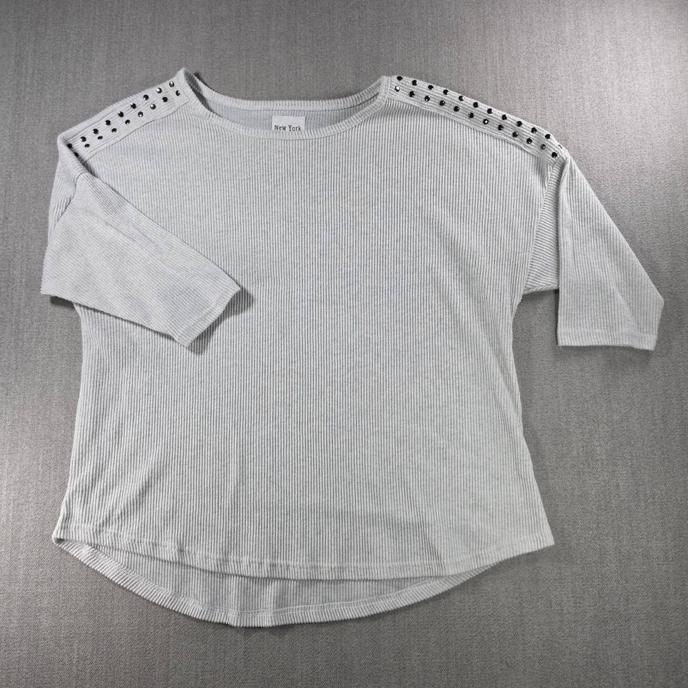 New York Laundry Ribbed Top‎ Womens 2X Gray Studded Shoulder 3/4 Sleeve Knit